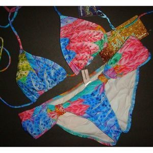 NWT embellished Luli Fama BIKINI COPA CABANA XS/S BLUE pink crystallized RARE!!!
